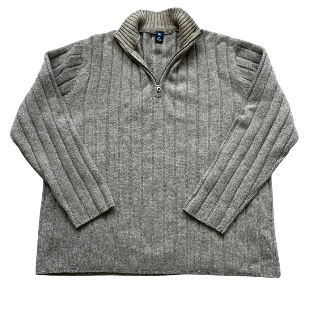 VTG Y2K GAP 100% Lambswool Quarter Zip Sweater XXL Gray Rib Knit Winter Classic